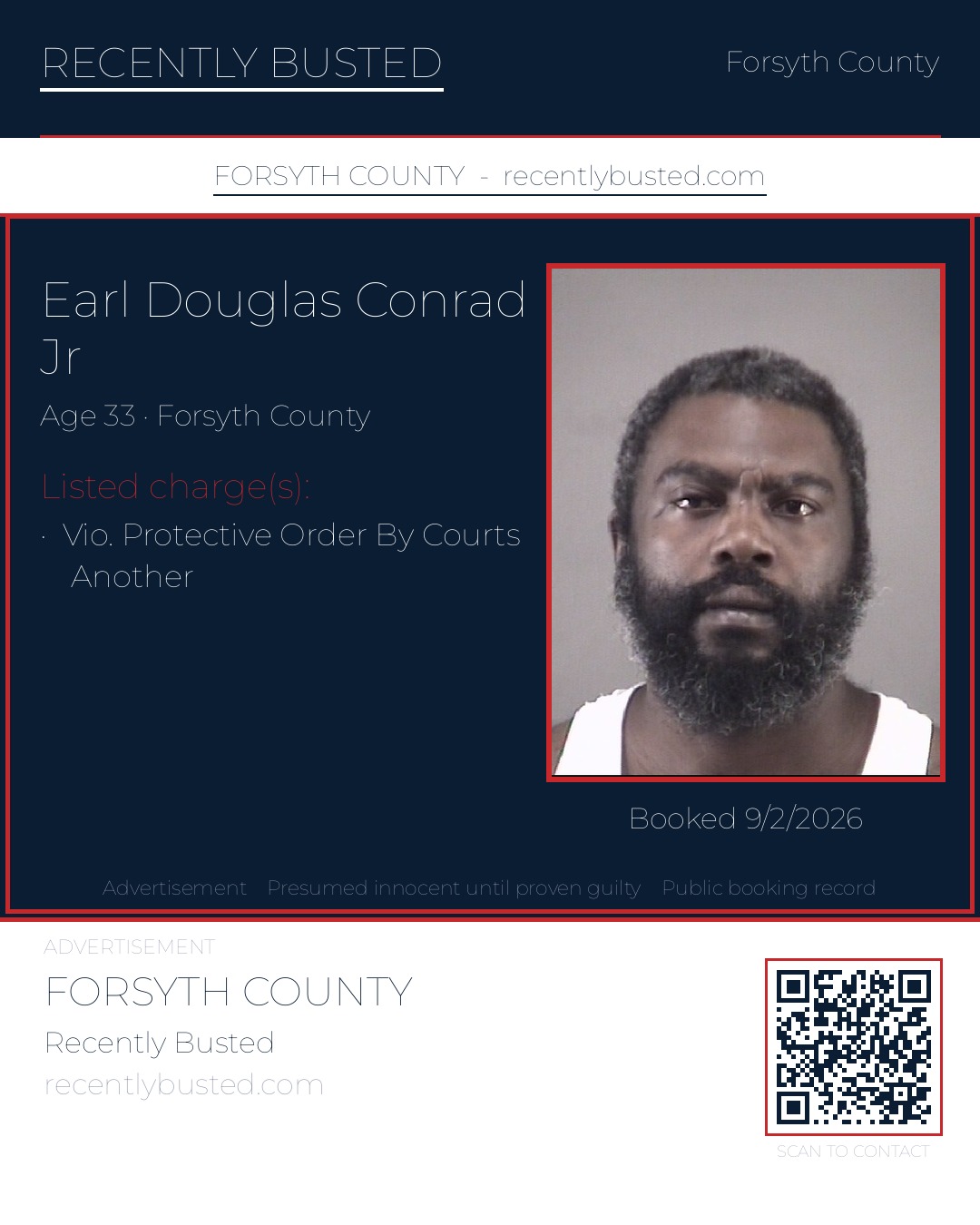 EARL DOUGLAS CONRAD JR — arrest record card, Forsyth County, North Carolina