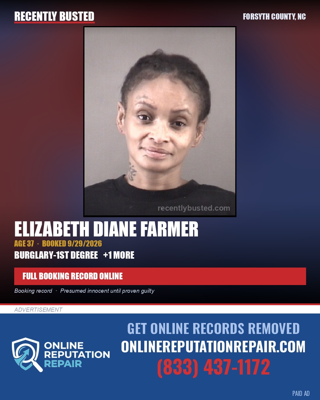 ELIZABETH DIANE FARMER — arrest record card, Forsyth County, North Carolina