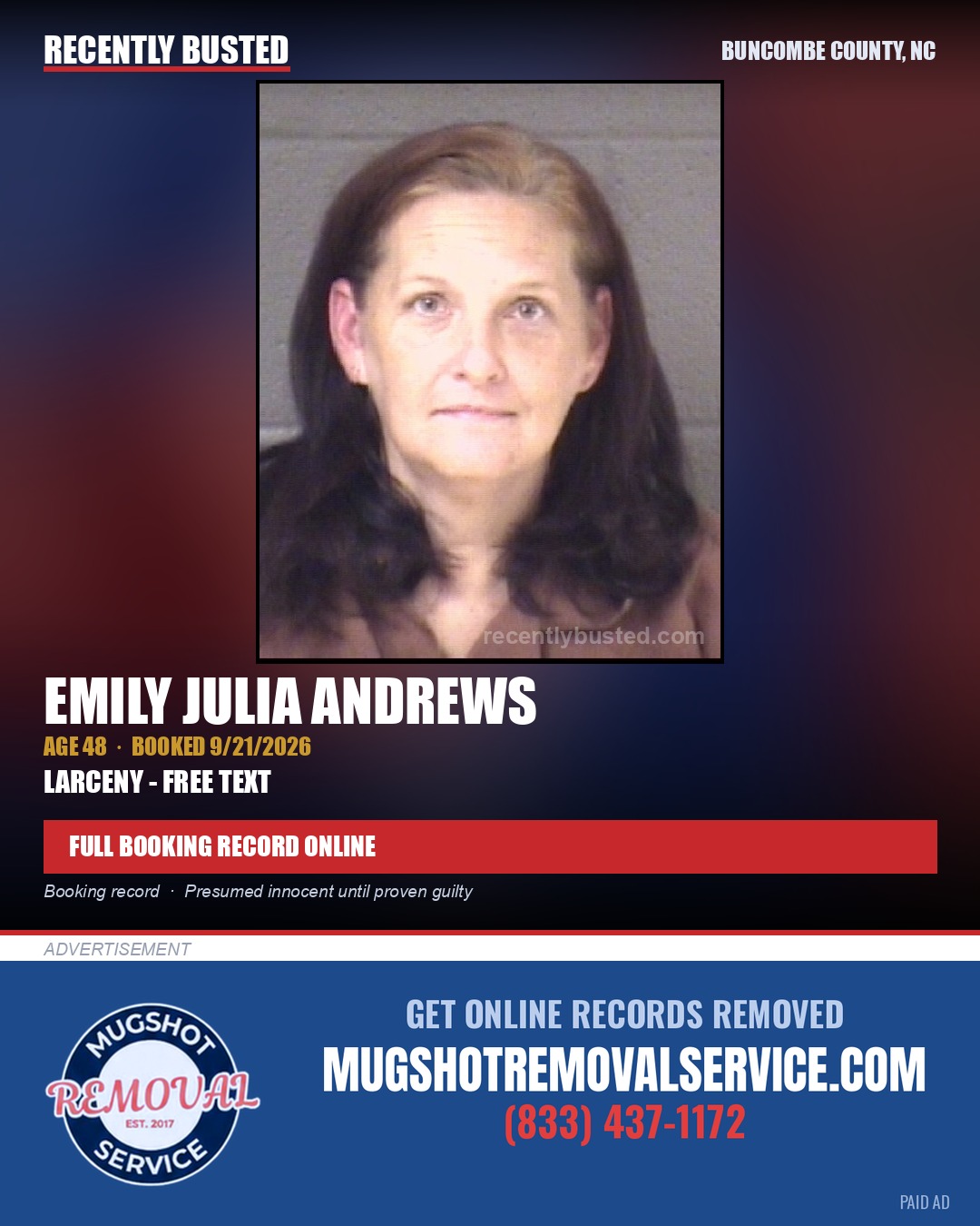 EMILY JULIA ANDREWS — arrest record card, Buncombe County, North Carolina