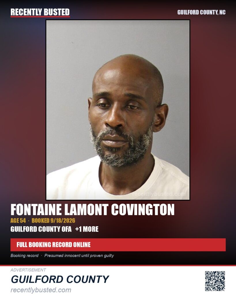 FONTAINE LAMONT COVINGTON — arrest record card, Guilford County, North Carolina