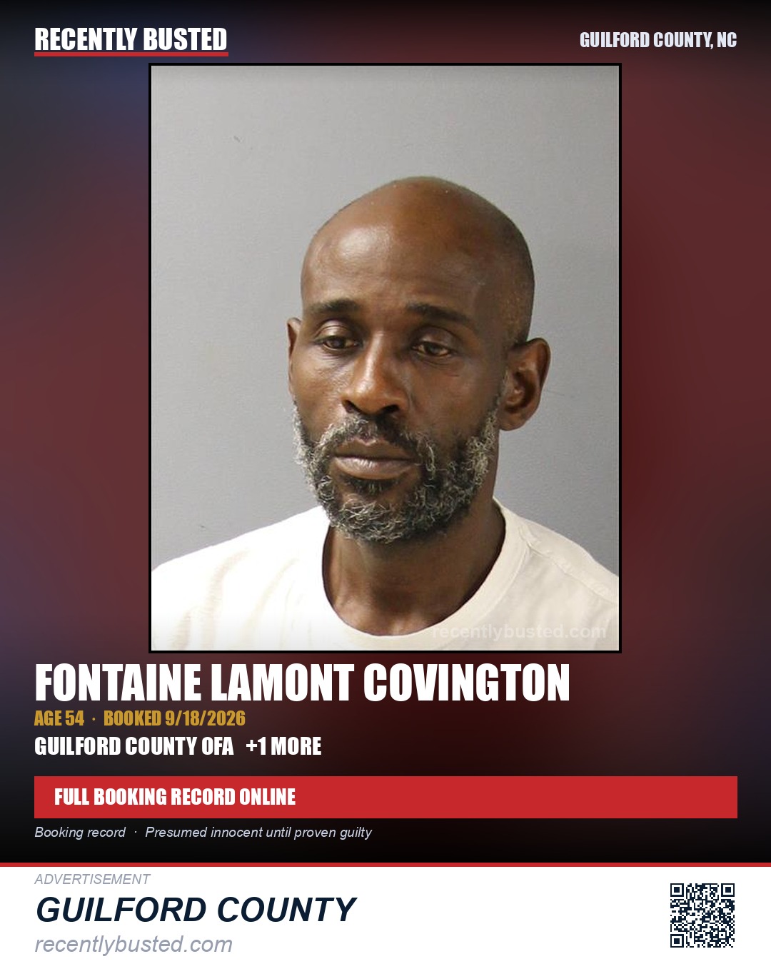 FONTAINE LAMONT COVINGTON — arrest record card, Guilford County, North Carolina