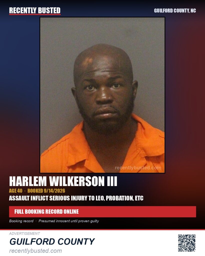 HARLEM WILKERSON III — arrest record card, Guilford County, North Carolina