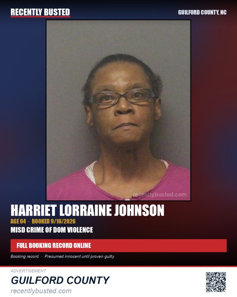HARRIET LORRAINE JOHNSON — arrest record card, Guilford County, North Carolina