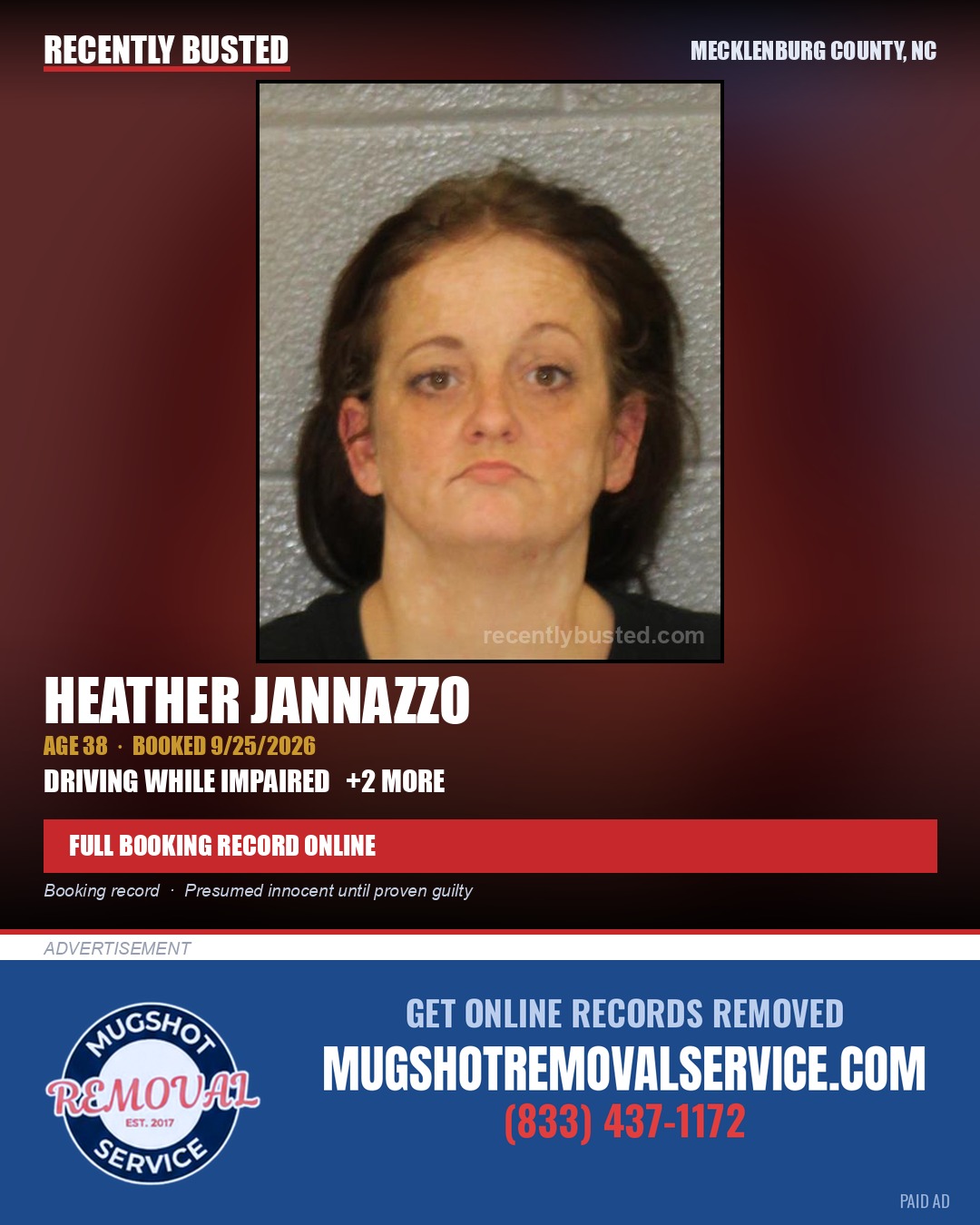 HEATHER JANNAZZO — arrest record card, Mecklenburg County, North Carolina