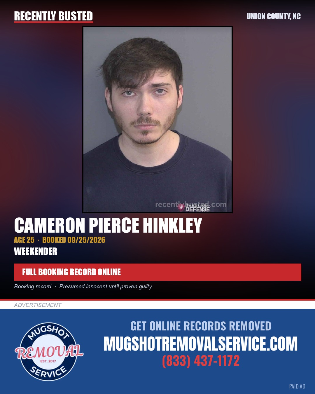 HINKLEY, CAMERON PIERCE — arrest record card, Union County, North Carolina