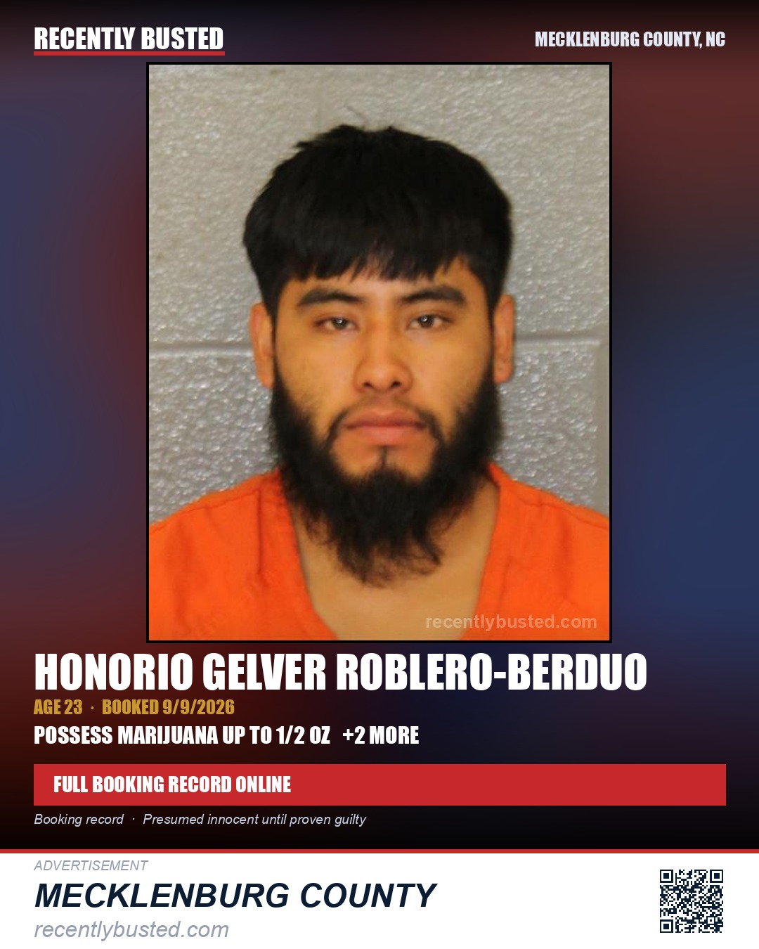 HONORIO GELVER ROBLERO-BERDUO — arrest record card, Mecklenburg County, North Carolina