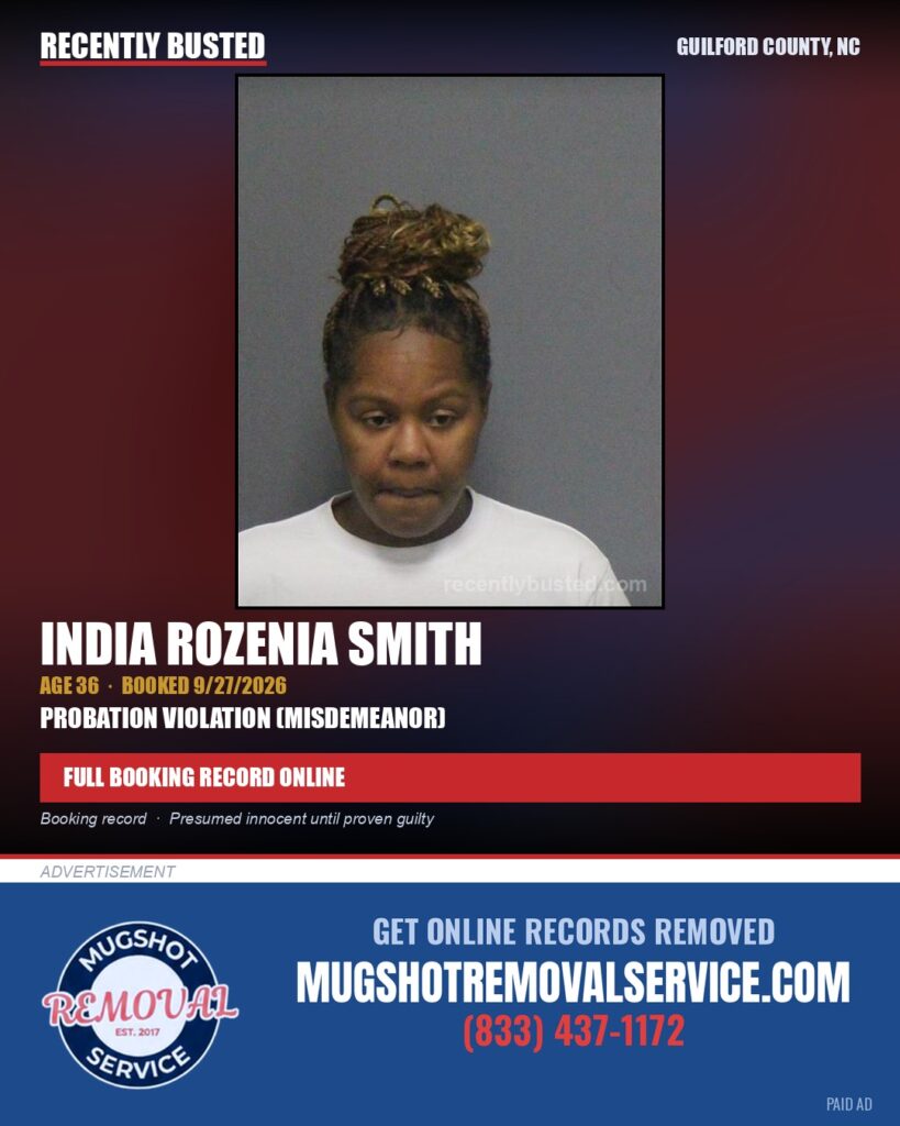 INDIA ROZENIA SMITH — arrest record card, Guilford County, North Carolina