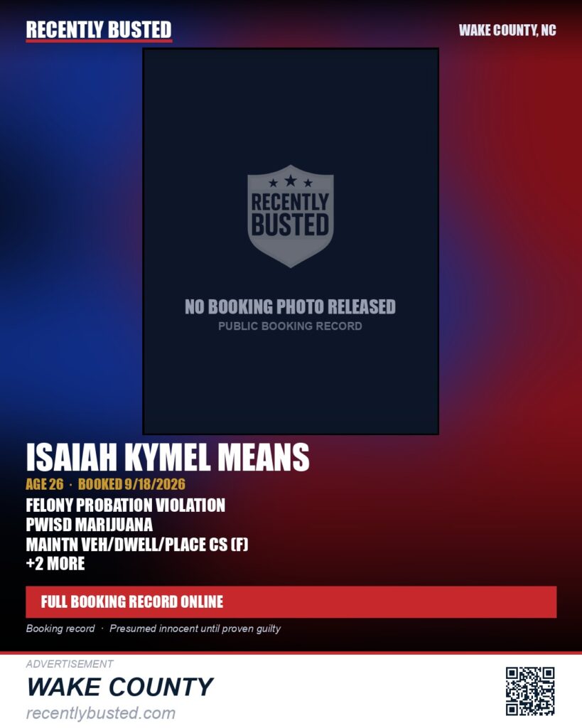 ISAIAH KYMEL MEANS — arrest record card, Wake County, North Carolina