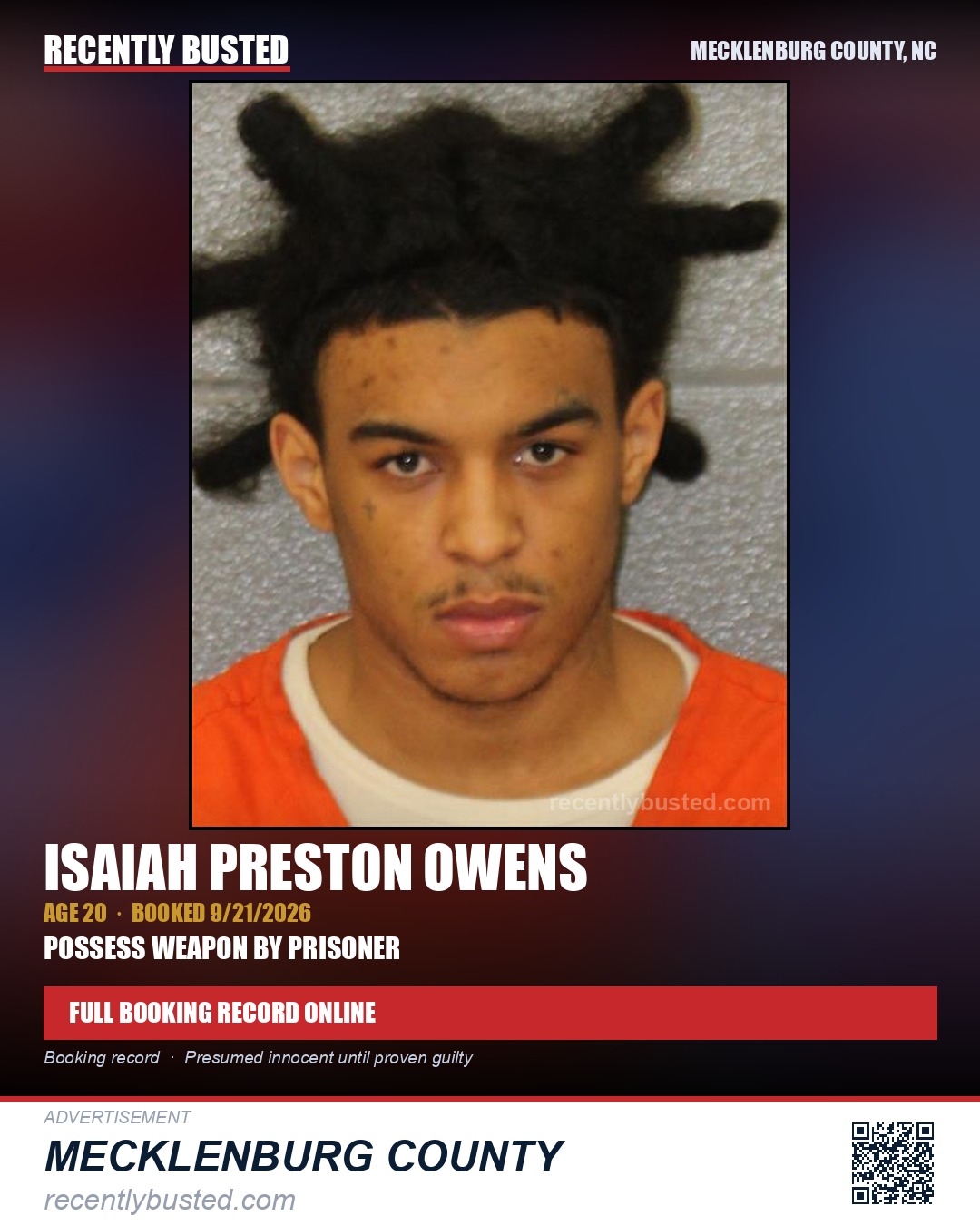 ISAIAH PRESTON OWENS — arrest record card, Mecklenburg County, North Carolina