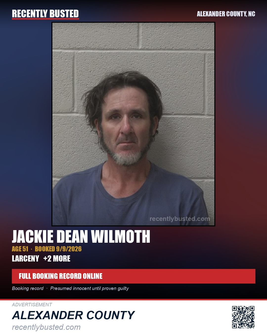 JACKIE DEAN WILMOTH — arrest record card, Alexander County, North Carolina