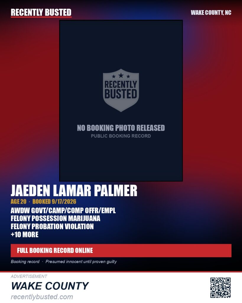 JAEDEN LAMAR PALMER — arrest record card, Wake County, North Carolina