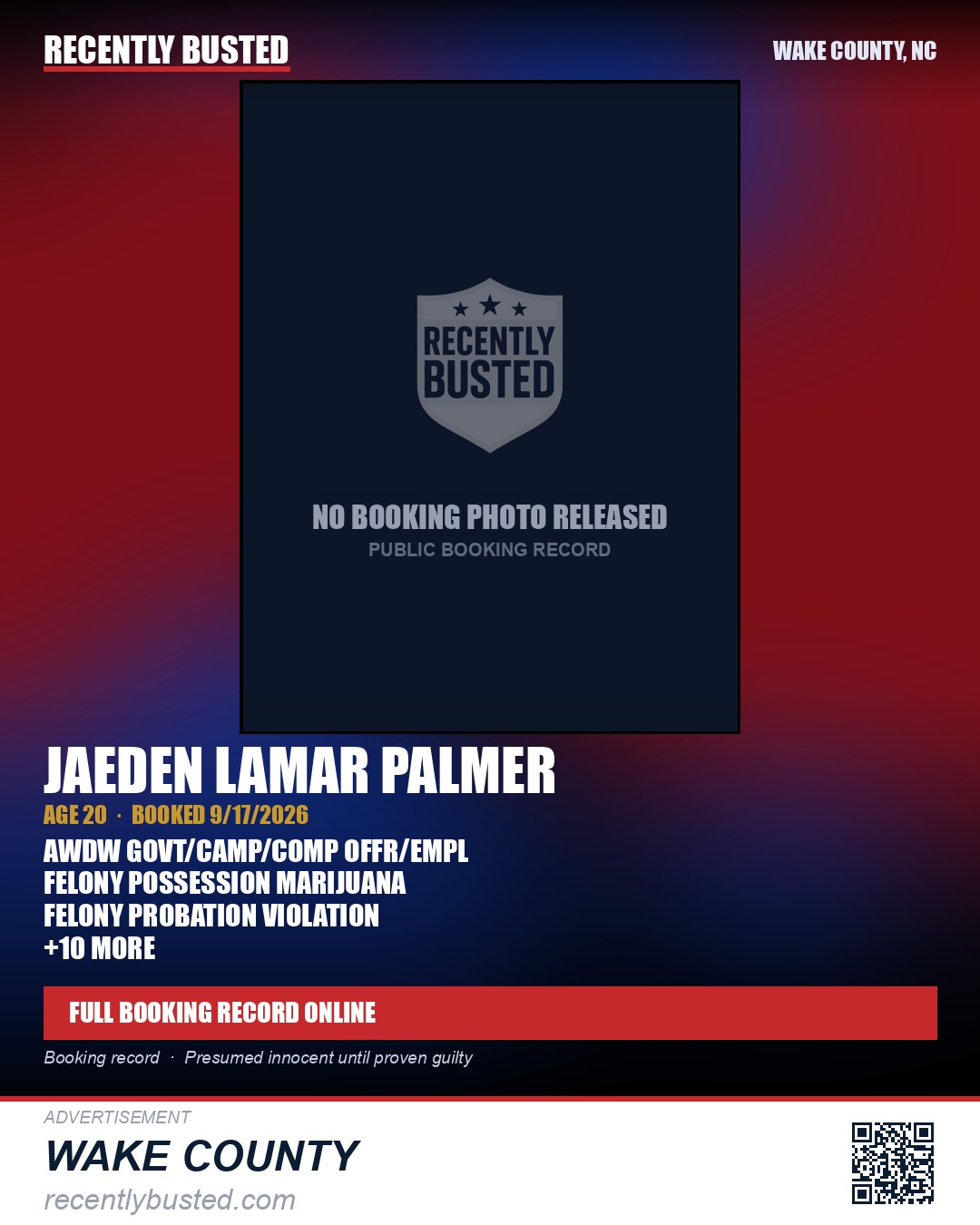 JAEDEN LAMAR PALMER — arrest record card, Wake County, North Carolina