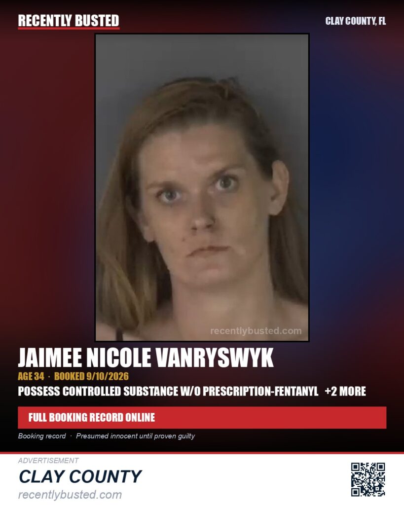 JAIMEE NICOLE VANRYSWYK — arrest record card, Clay County, Florida
