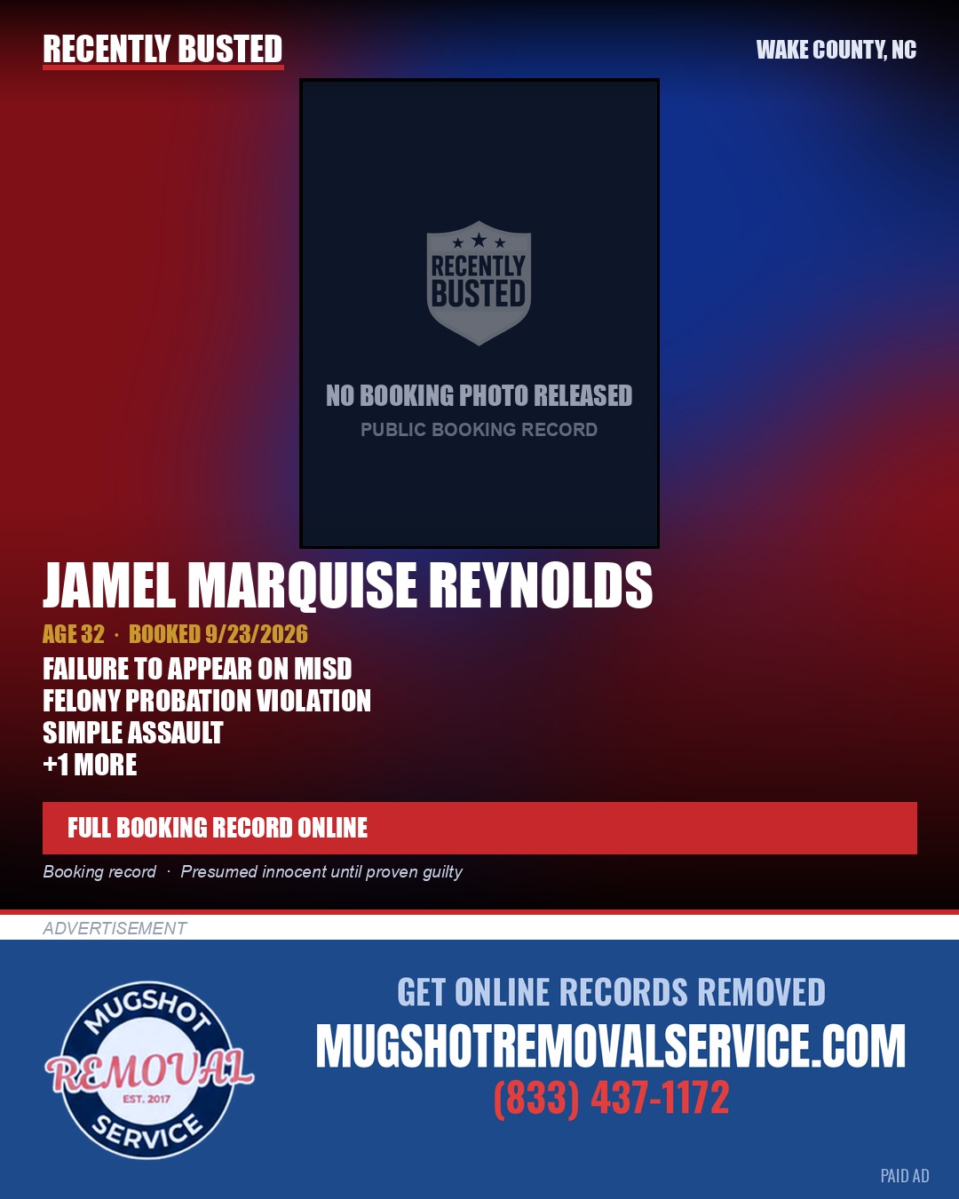 JAMEL MARQUISE REYNOLDS — arrest record card, Wake County, North Carolina