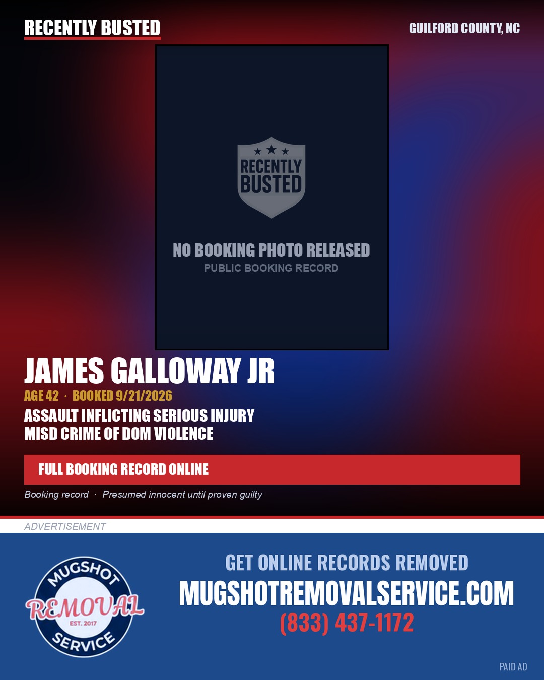 JAMES GALLOWAY JR — arrest record card, Guilford County, North Carolina