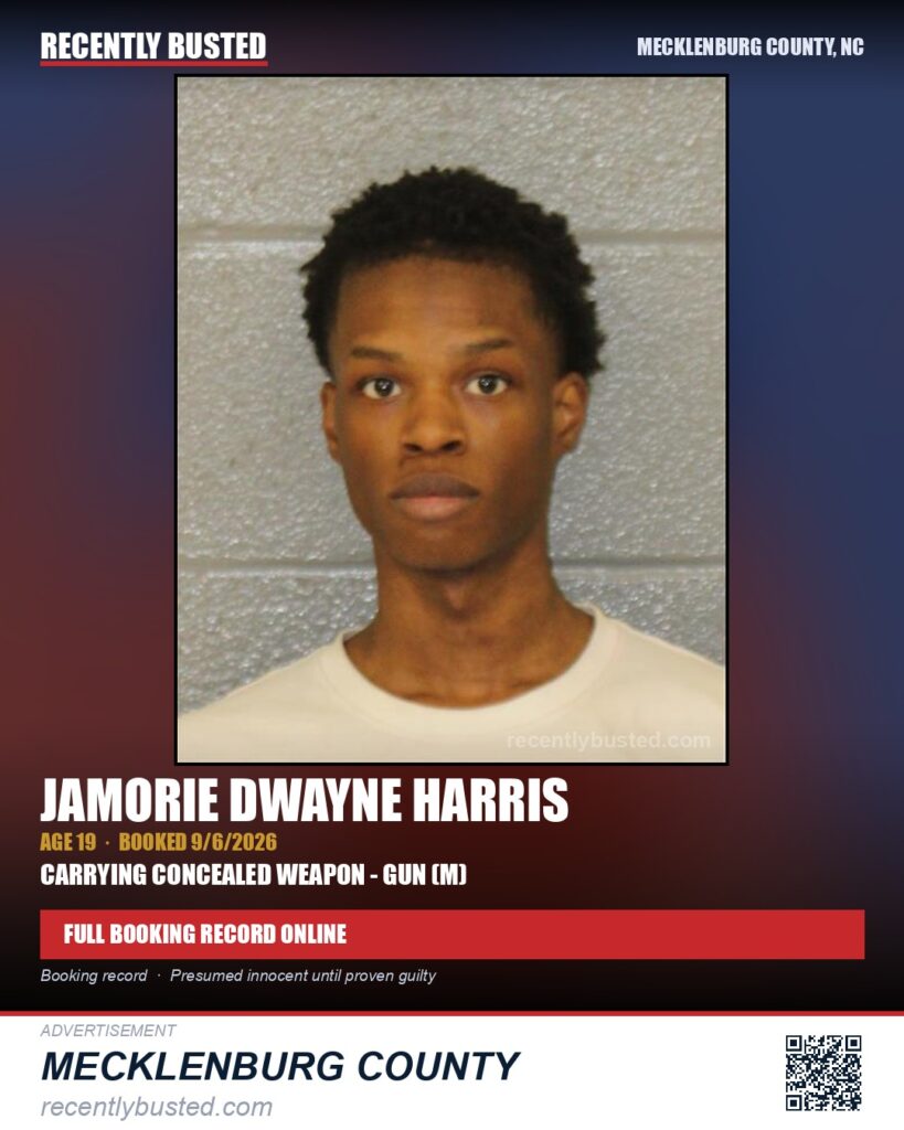 JAMORIE DWAYNE HARRIS — arrest record card, Mecklenburg County, North Carolina