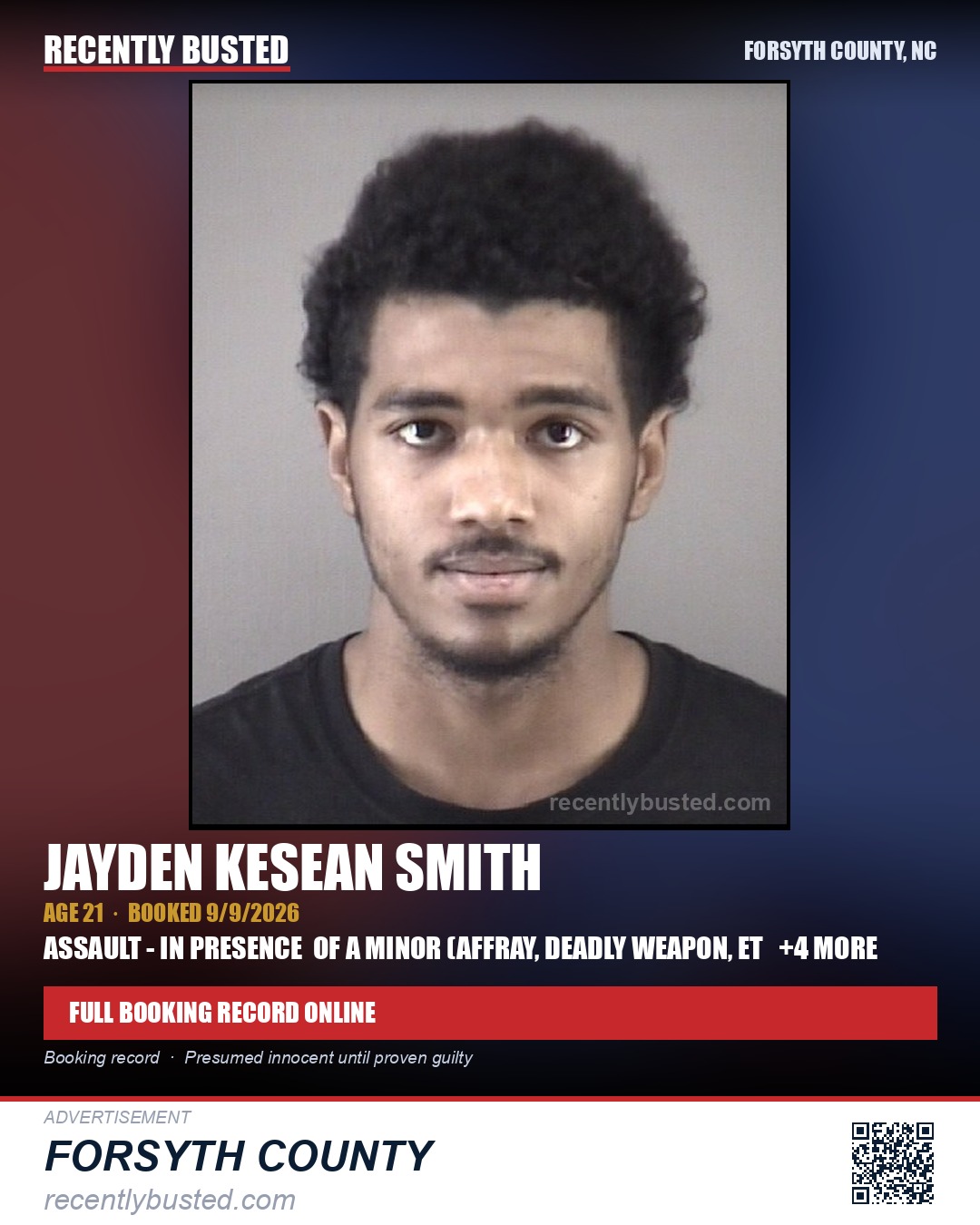 JAYDEN KESEAN SMITH — arrest record card, Forsyth County, North Carolina