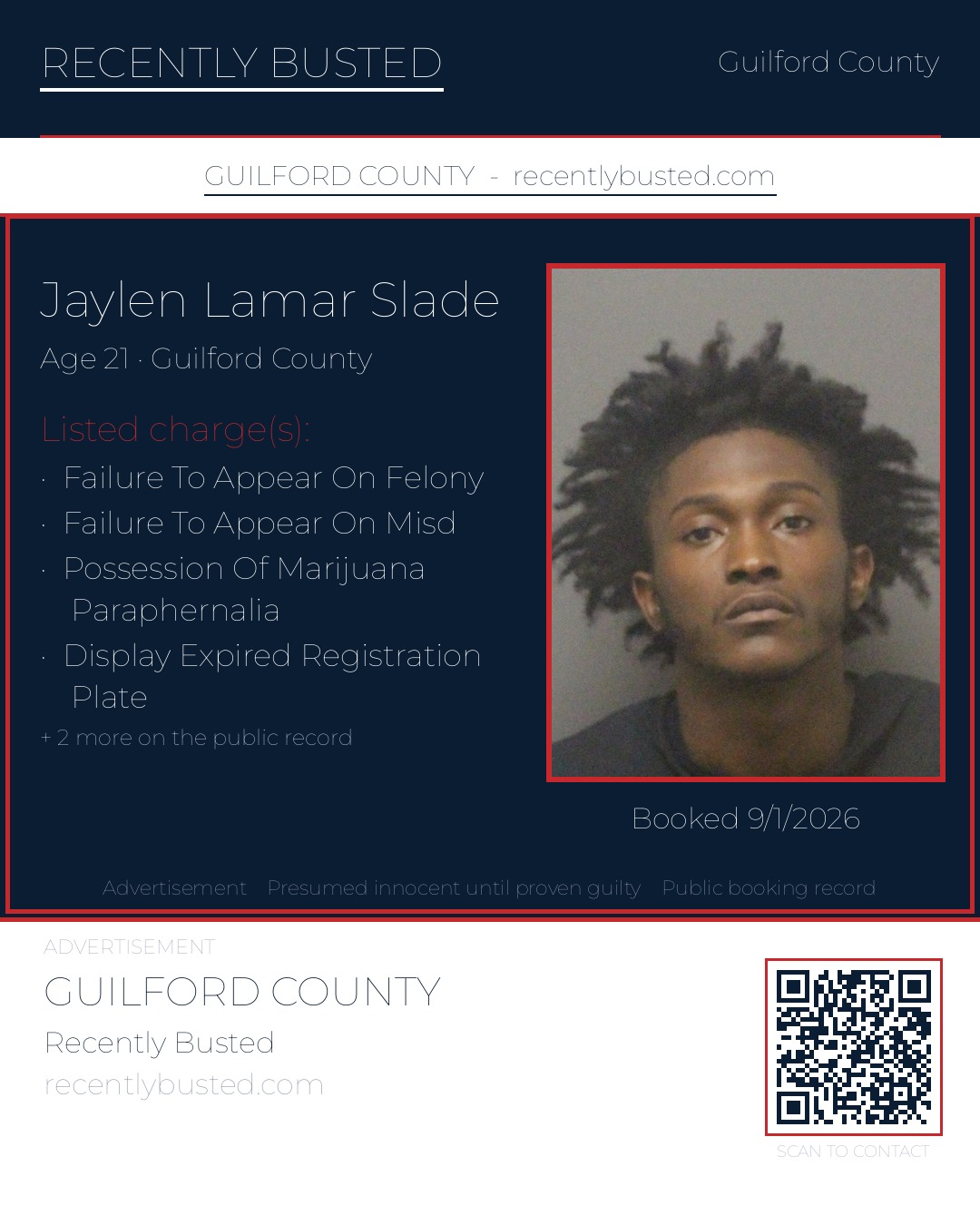 JAYLEN LAMAR SLADE — arrest record card, Guilford County, North Carolina