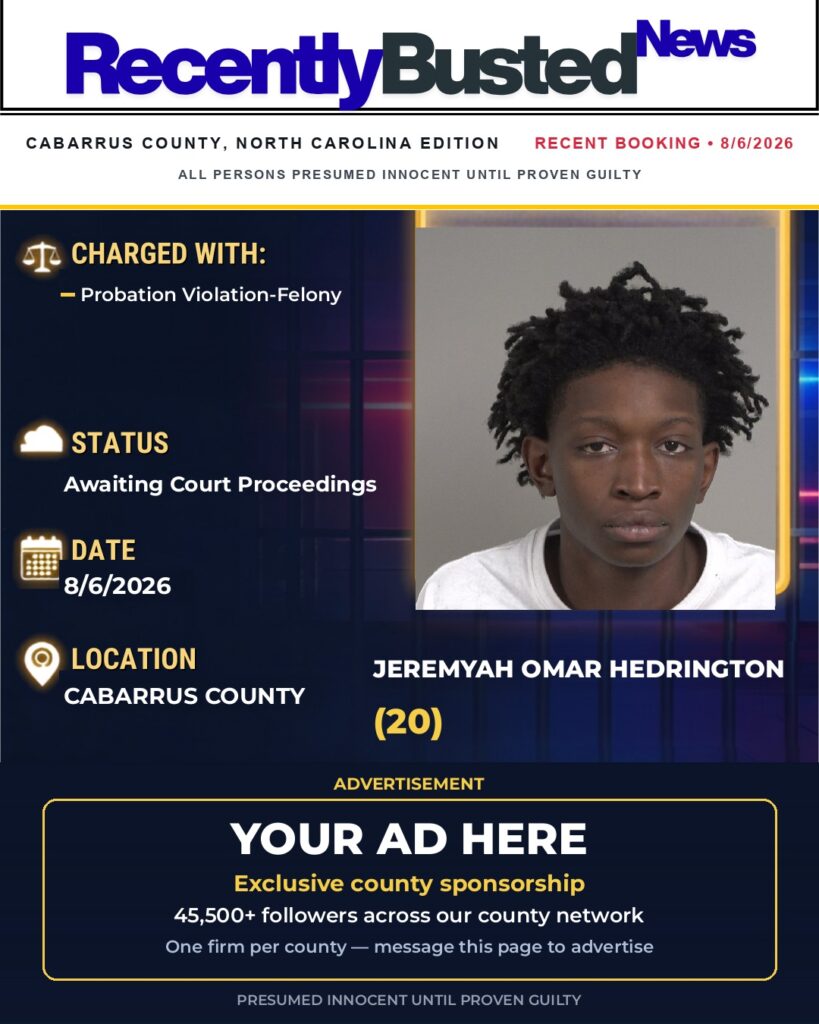 JEREMYAH OMAR HEDRINGTON — arrest record card, Cabarrus County