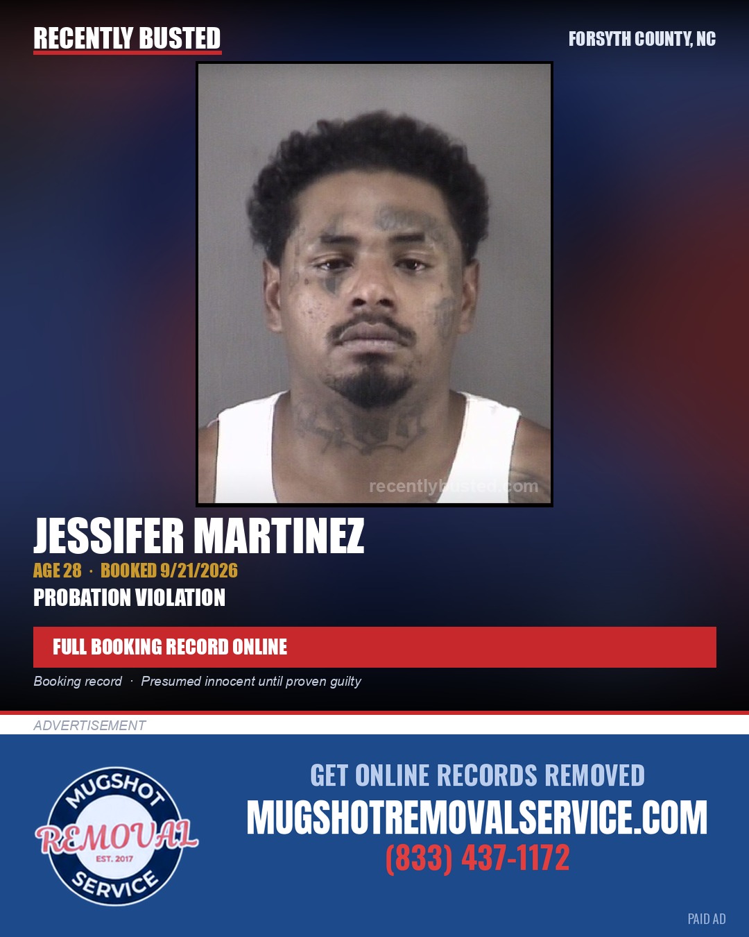 JESSIFER MARTINEZ — arrest record card, Forsyth County, North Carolina