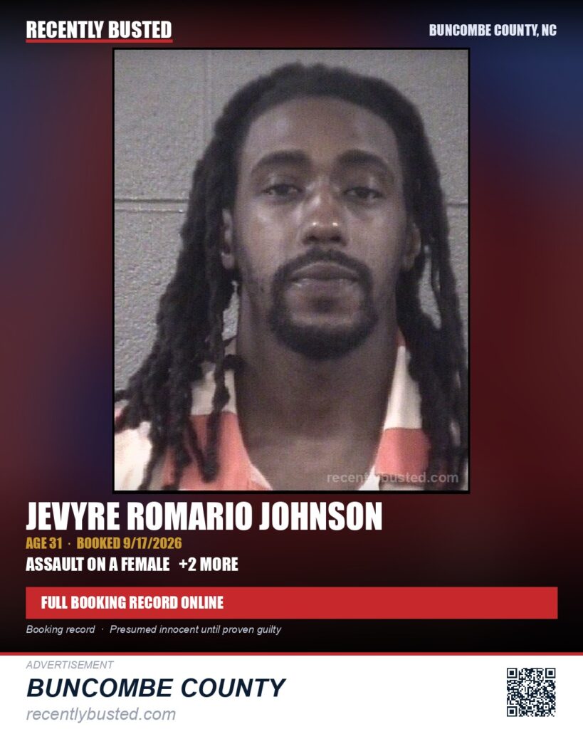 JEVYRE ROMARIO JOHNSON — arrest record card, Buncombe County, North Carolina