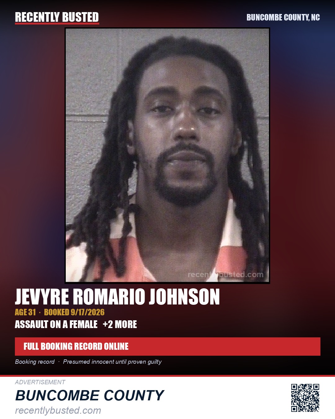 JEVYRE ROMARIO JOHNSON — arrest record card, Buncombe County, North Carolina