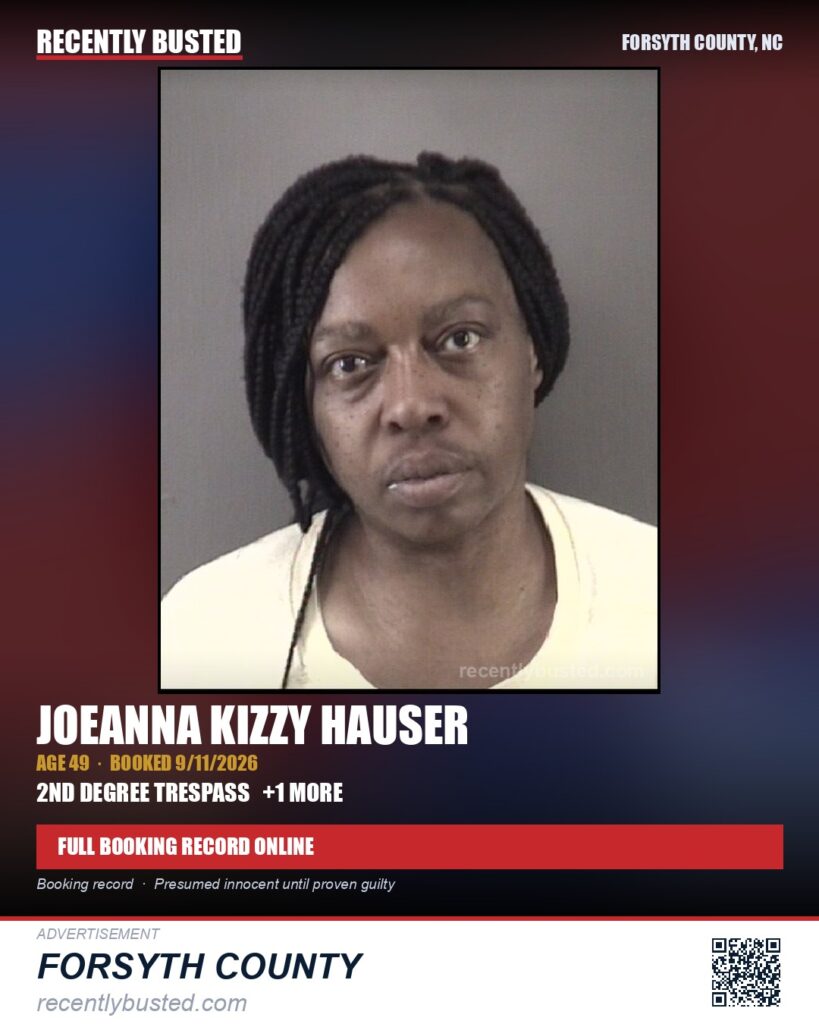 JOEANNA KIZZY HAUSER — arrest record card, Forsyth County, North Carolina