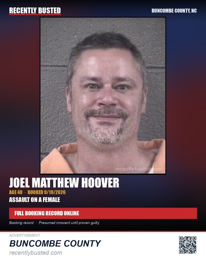 JOEL MATTHEW HOOVER — arrest record card, Buncombe County, North Carolina