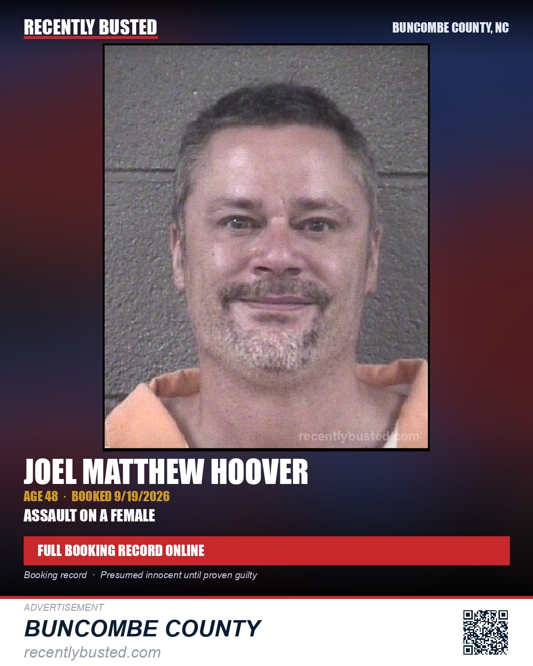 JOEL MATTHEW HOOVER — arrest record card, Buncombe County, North Carolina