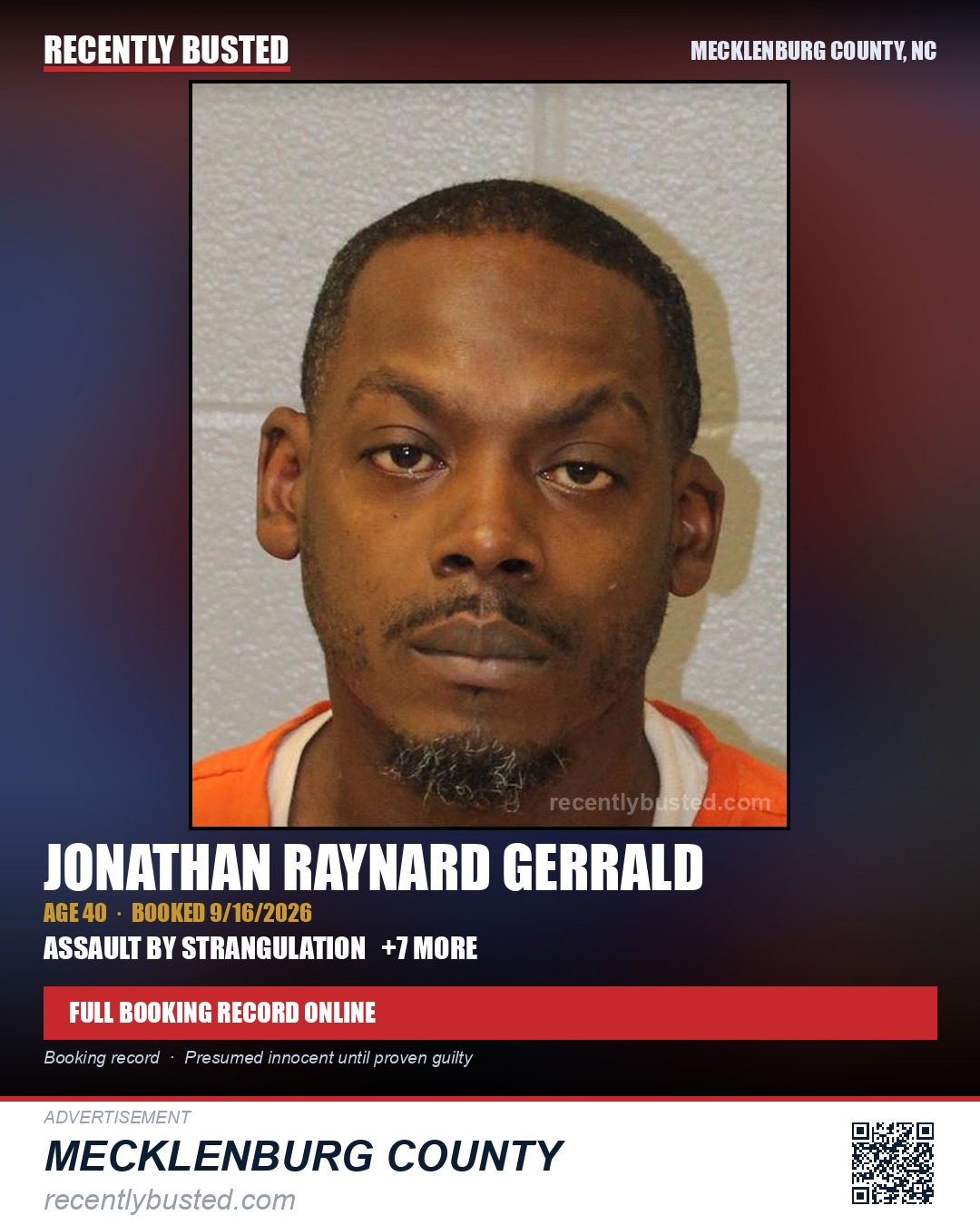 JONATHAN RAYNARD GERRALD — arrest record card, Mecklenburg County, North Carolina