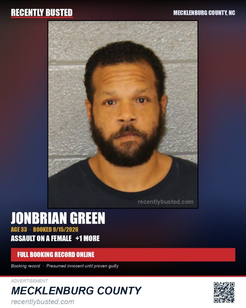 JONBRIAN GREEN — arrest record card, Mecklenburg County, North Carolina