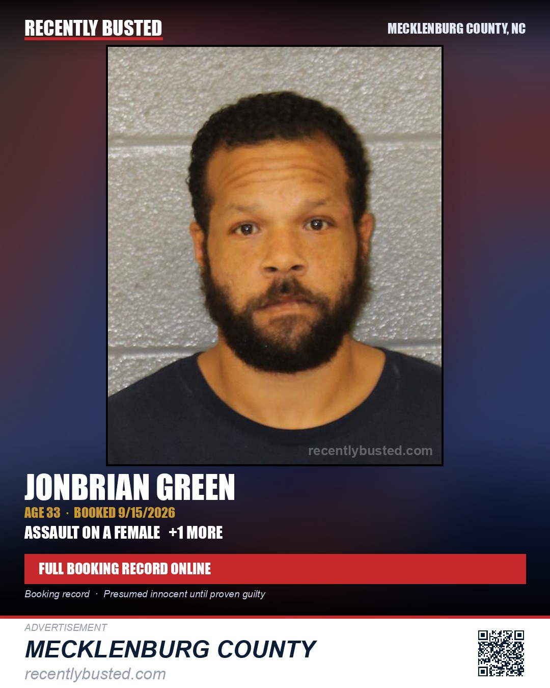JONBRIAN GREEN — arrest record card, Mecklenburg County, North Carolina