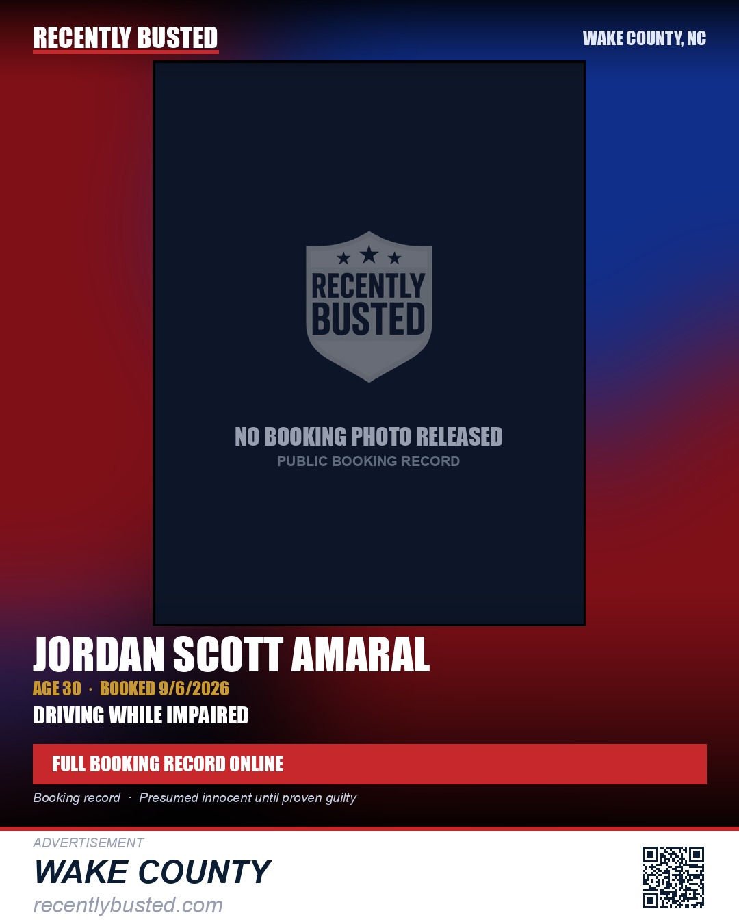 JORDAN SCOTT AMARAL — arrest record card, Wake County, North Carolina