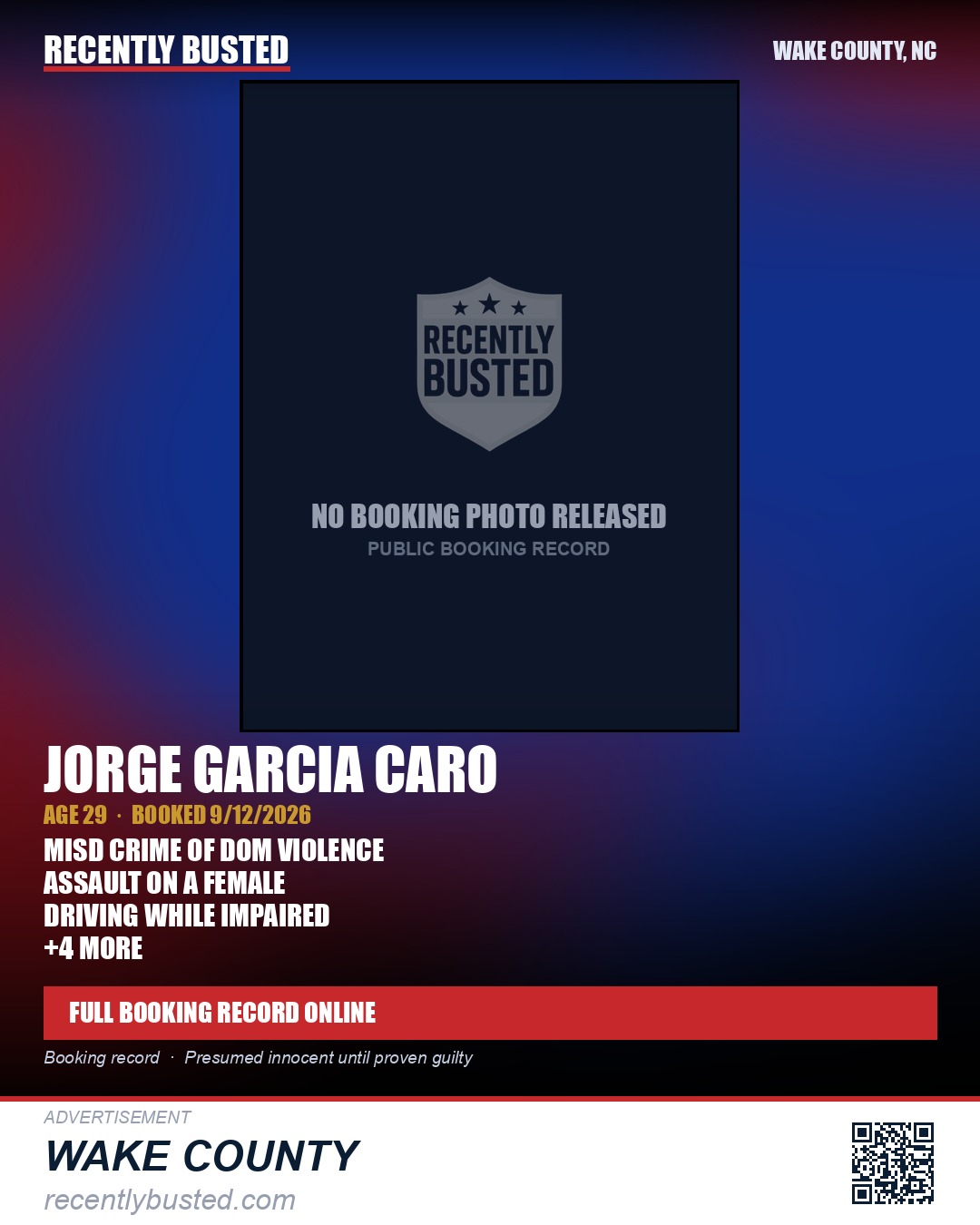 JORGE GARCIA CARO — arrest record card, Wake County, North Carolina