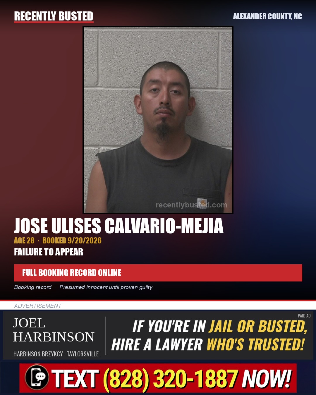 JOSE ULISES CALVARIO-MEJIA — arrest record card, Alexander County, North Carolina