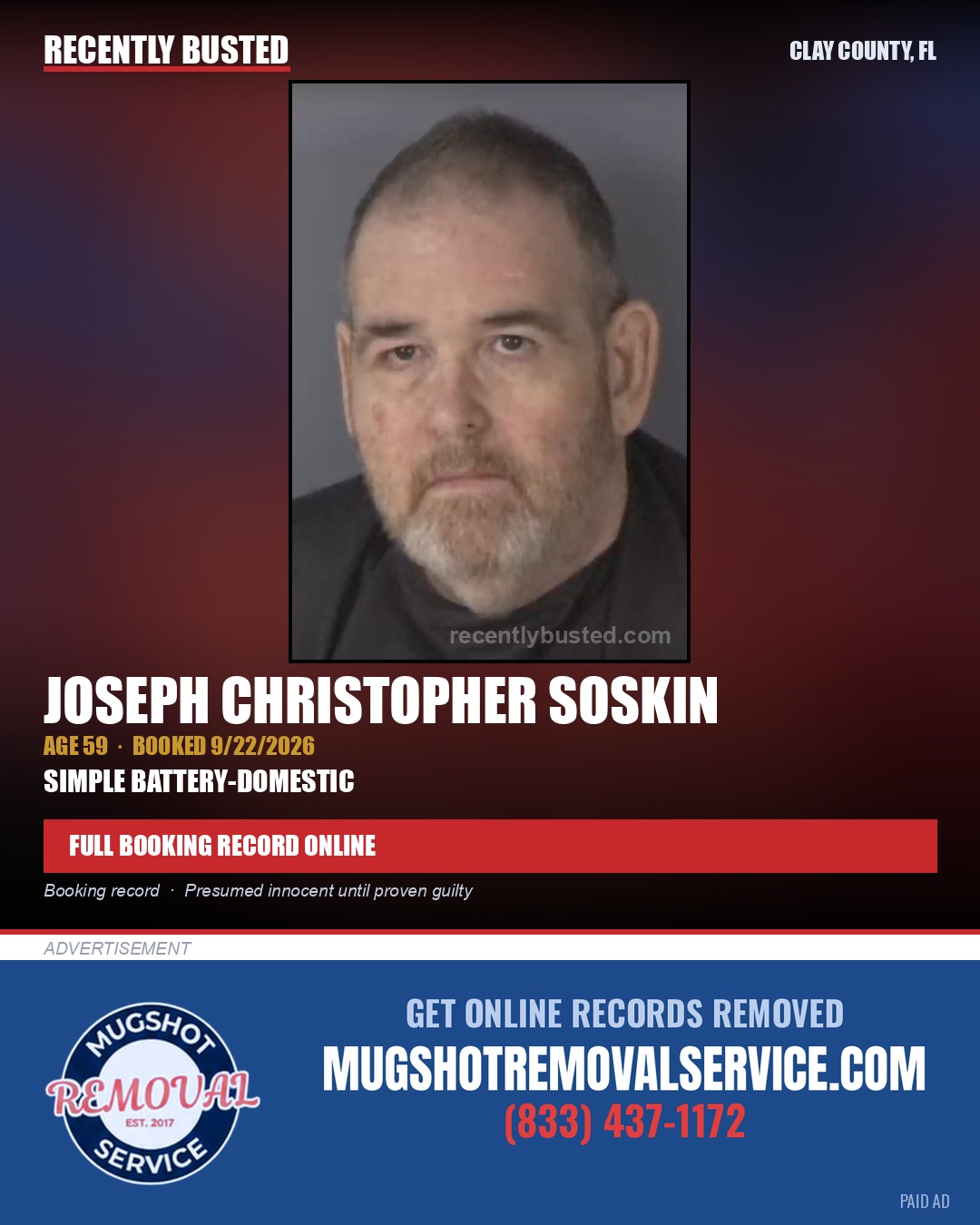 JOSEPH CHRISTOPHER SOSKIN — arrest record card, Clay County, Florida