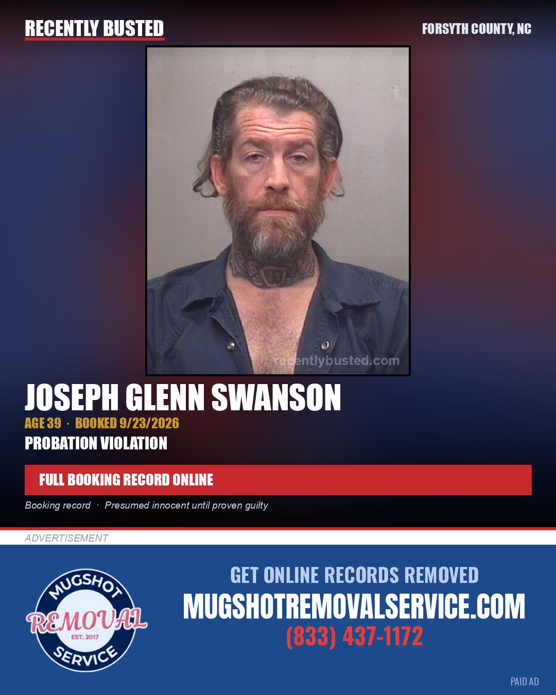 JOSEPH GLENN SWANSON — arrest record card, Forsyth County, North Carolina