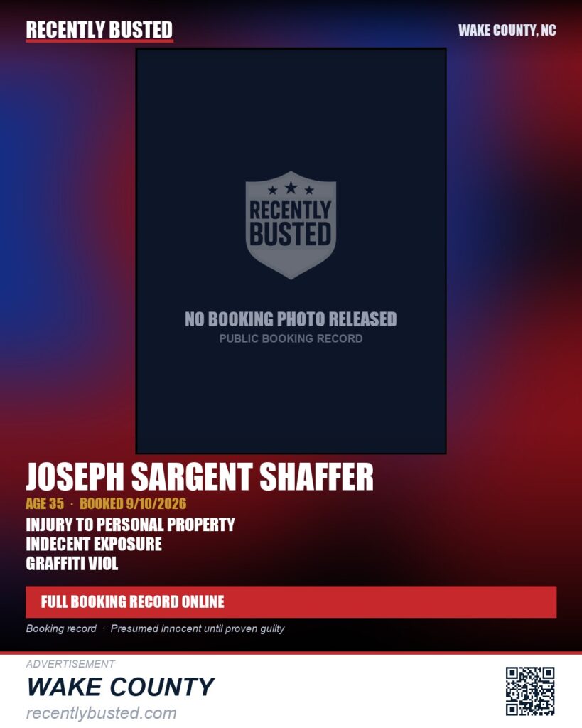 JOSEPH SARGENT SHAFFER — arrest record card, Wake County, North Carolina
