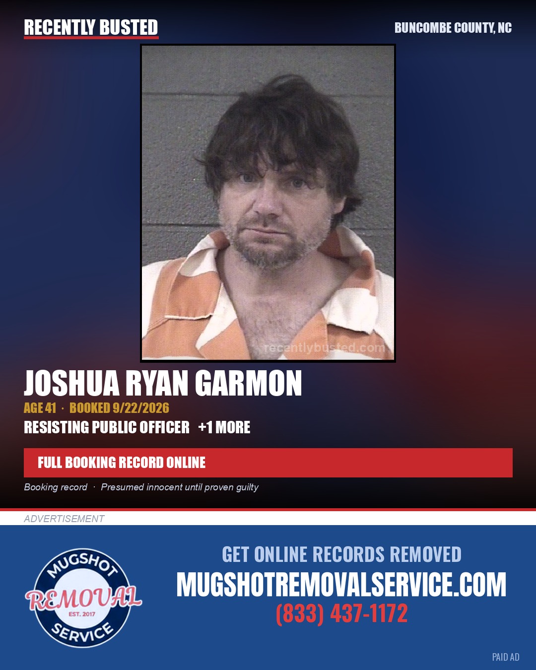 JOSHUA RYAN GARMON — arrest record card, Buncombe County, North Carolina