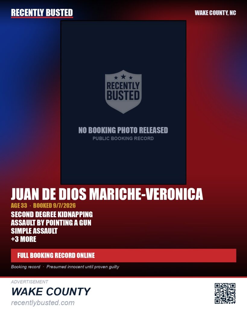 JUAN DE DIOS MARICHE-VERONICA — arrest record card, Wake County, North Carolina