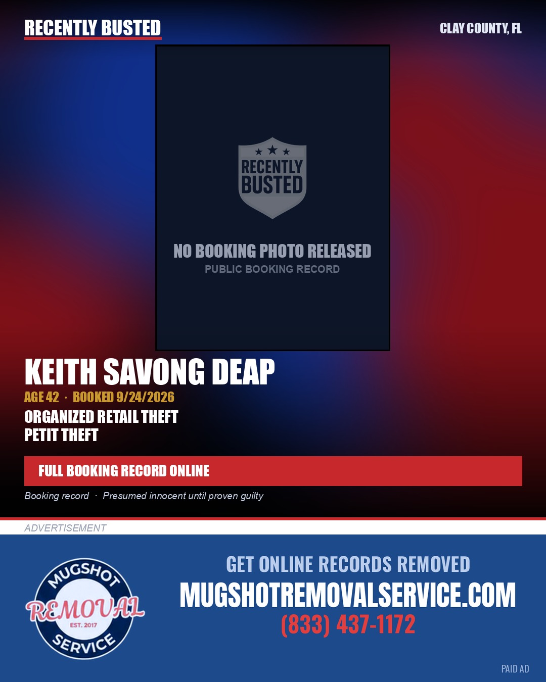 KEITH SAVONG DEAP — arrest record card, Clay County, Florida