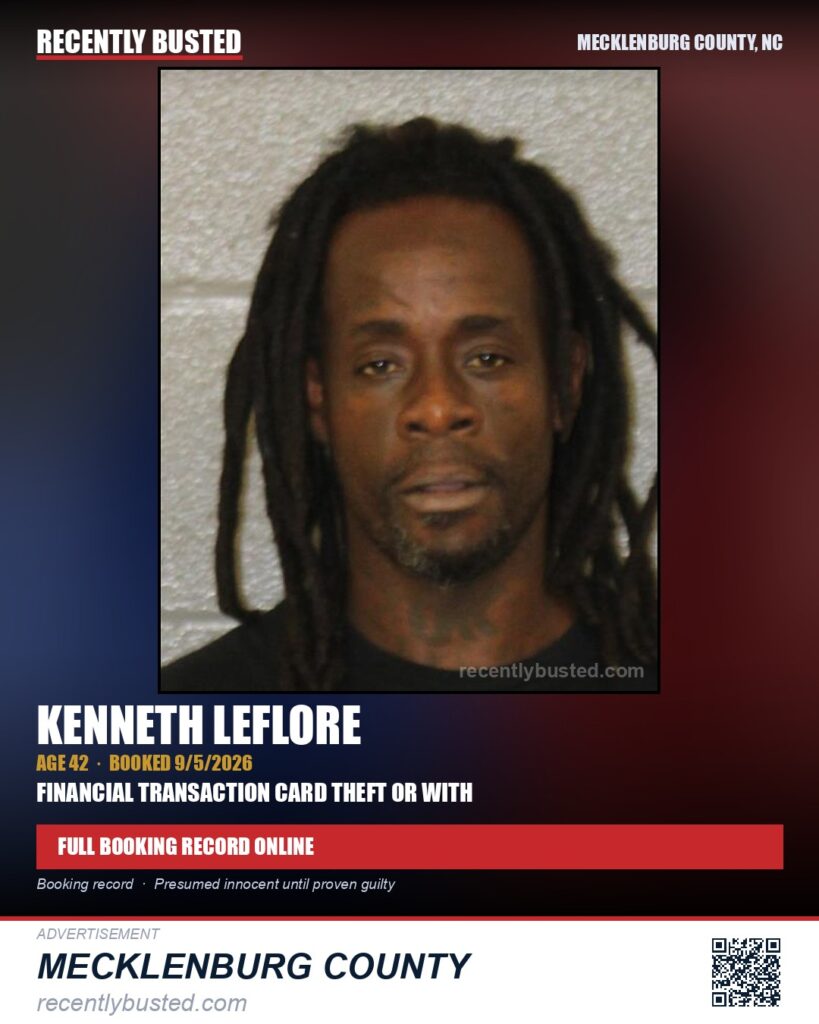 KENNETH LEFLORE — arrest record card, Mecklenburg County, North Carolina