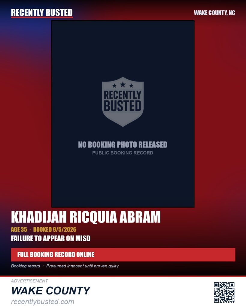 KHADIJAH RICQUIA ABRAM — arrest record card, Wake County, North Carolina