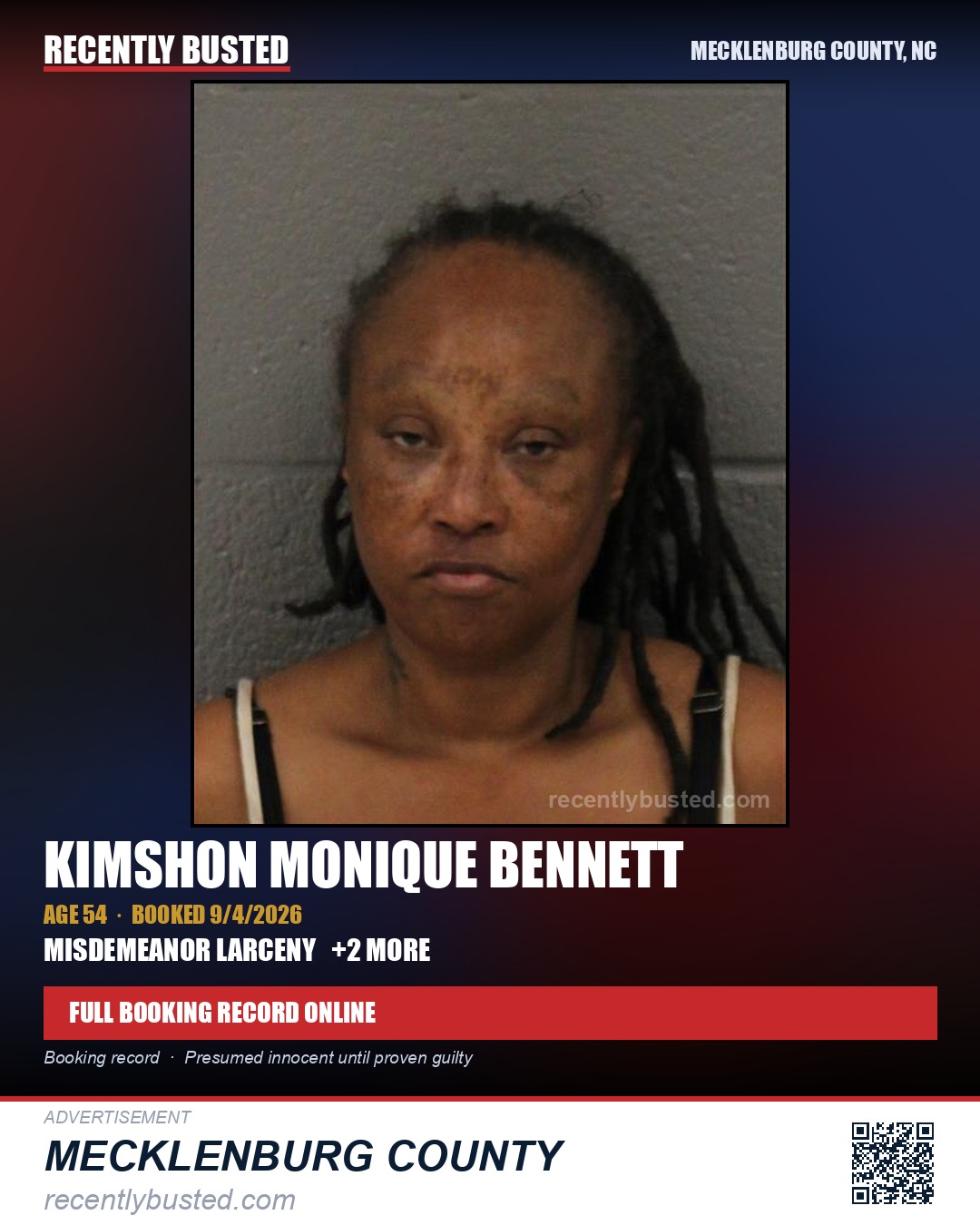 KIMSHON MONIQUE BENNETT — arrest record card, Mecklenburg County, North Carolina