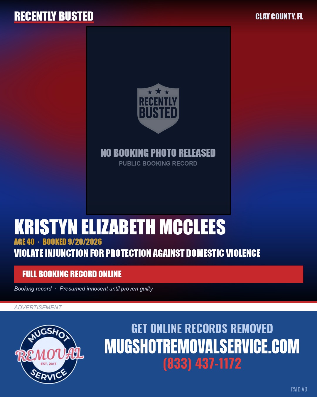 KRISTYN ELIZABETH MCCLEES — arrest record card, Clay County, Florida