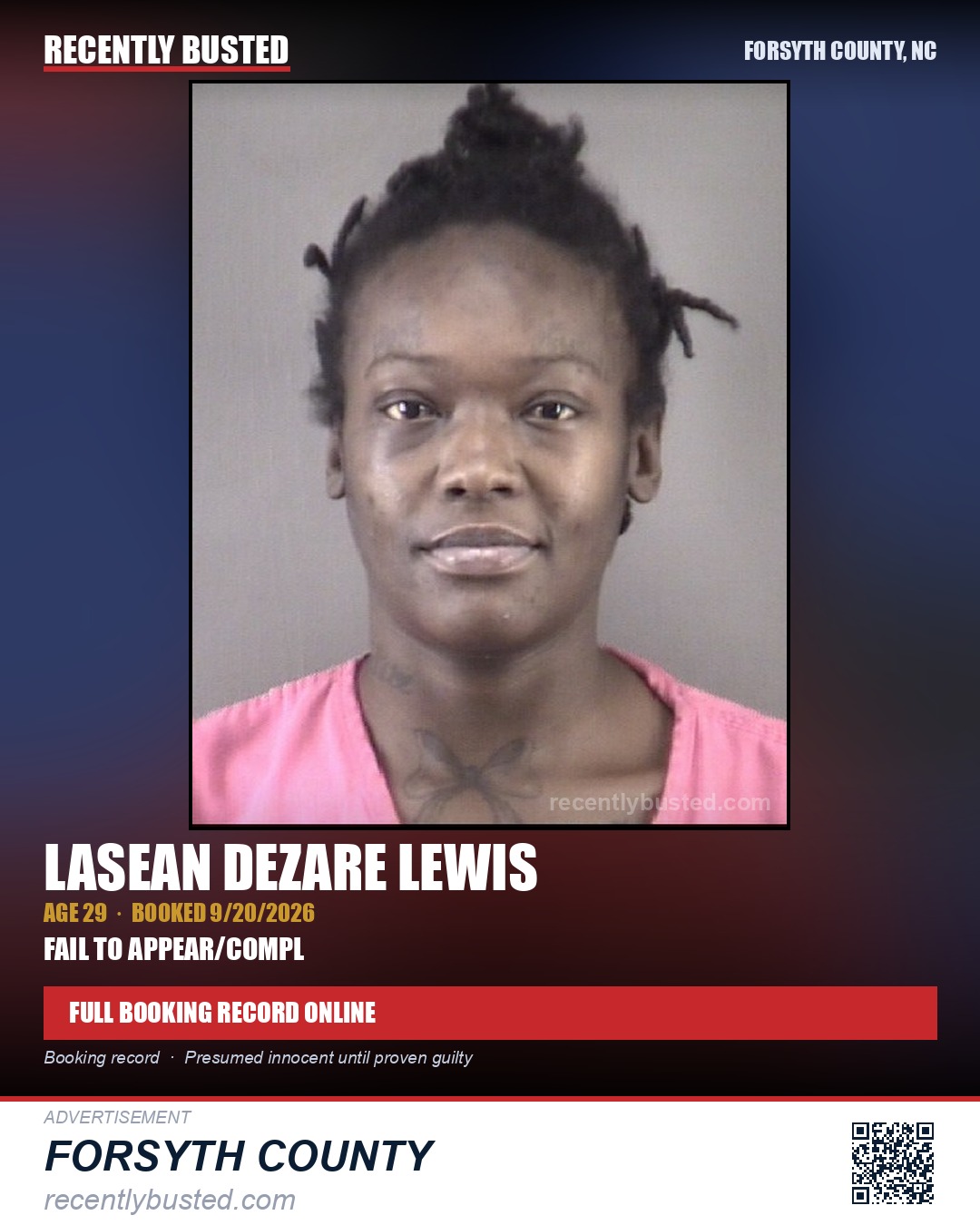 LASEAN DEZARE LEWIS — arrest record card, Forsyth County, North Carolina