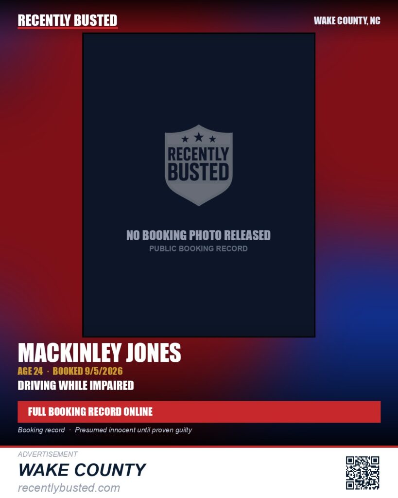 MACKINLEY JONES — arrest record card, Wake County, North Carolina