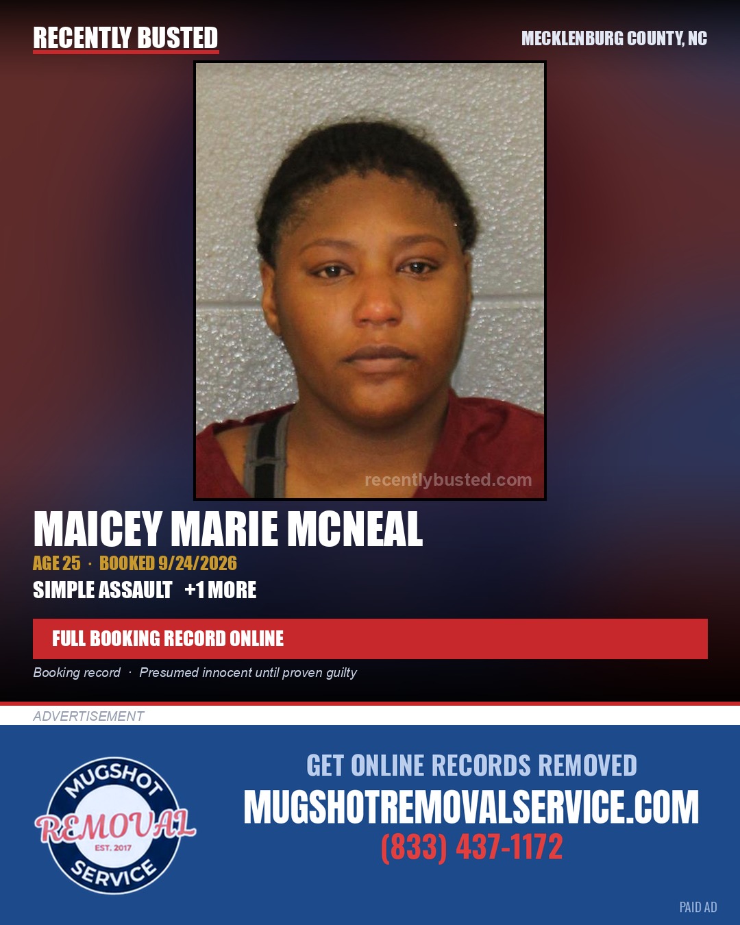 MAICEY MARIE MCNEAL — arrest record card, Mecklenburg County, North Carolina