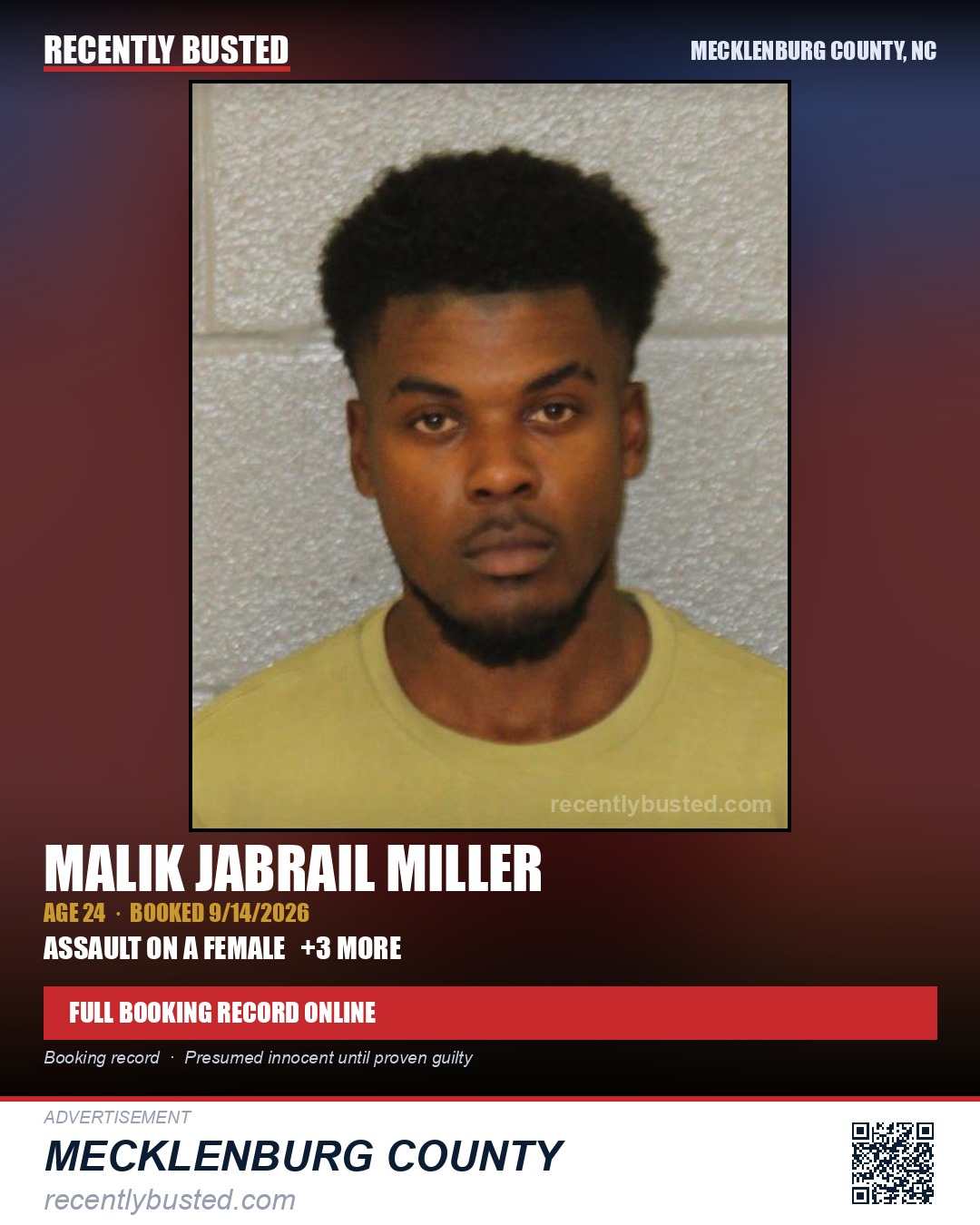 MALIK JABRAIL MILLER — arrest record card, Mecklenburg County, North Carolina
