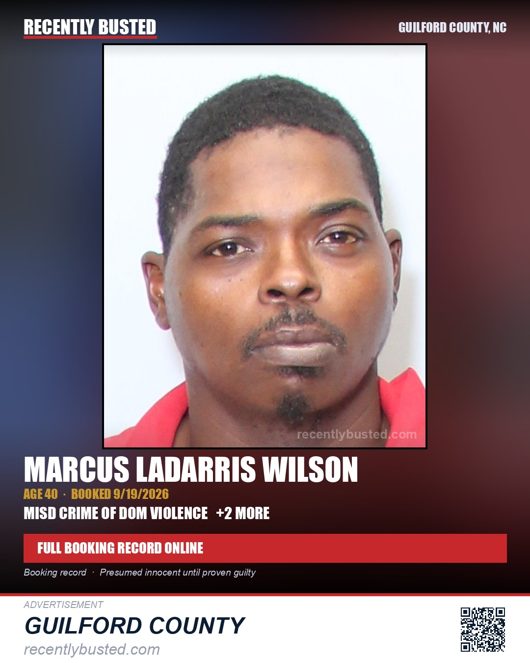 MARCUS LADARRIS WILSON — arrest record card, Guilford County, North Carolina